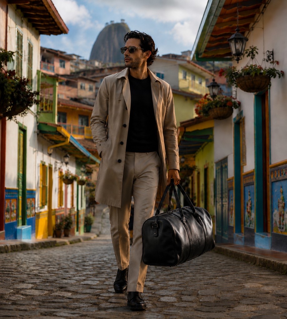 Hombre con duffel negro en Guatapé — colección Hombre
